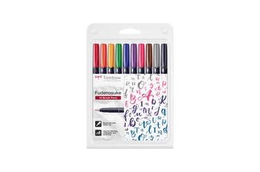 Tombow - Fudenosuke Hard Small Tip Calligraphy Pen | Vivid Colors - Set of 10